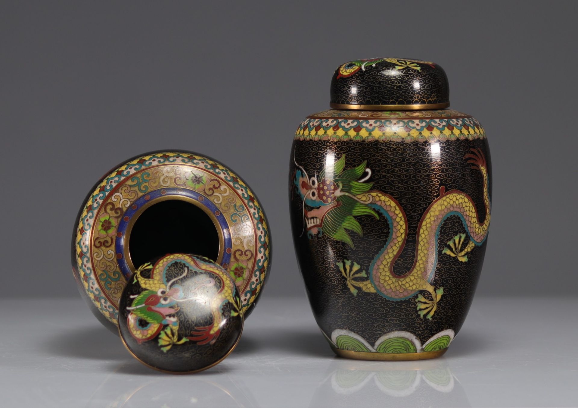 Pair of potiches covered in cloisonne decorated with dragons - Image 4 of 4