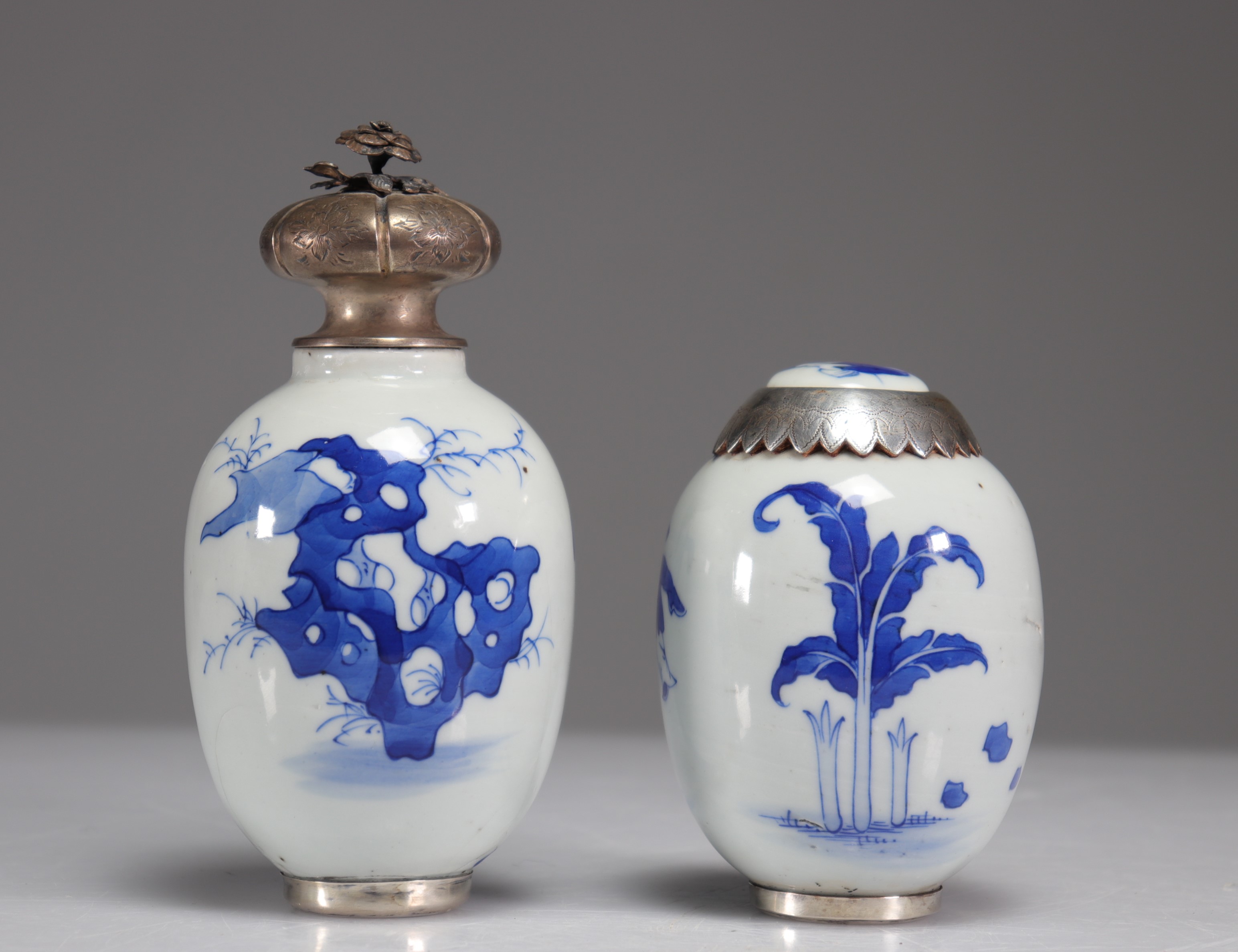 Porcelains (2) white blue mounted silver Kangxi period