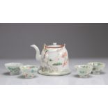 Lot (5) porcelain famille rose teapot and bowls