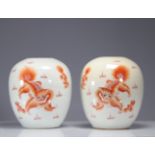 Pair of porcelain vases decorated with Fo 19th century dogs