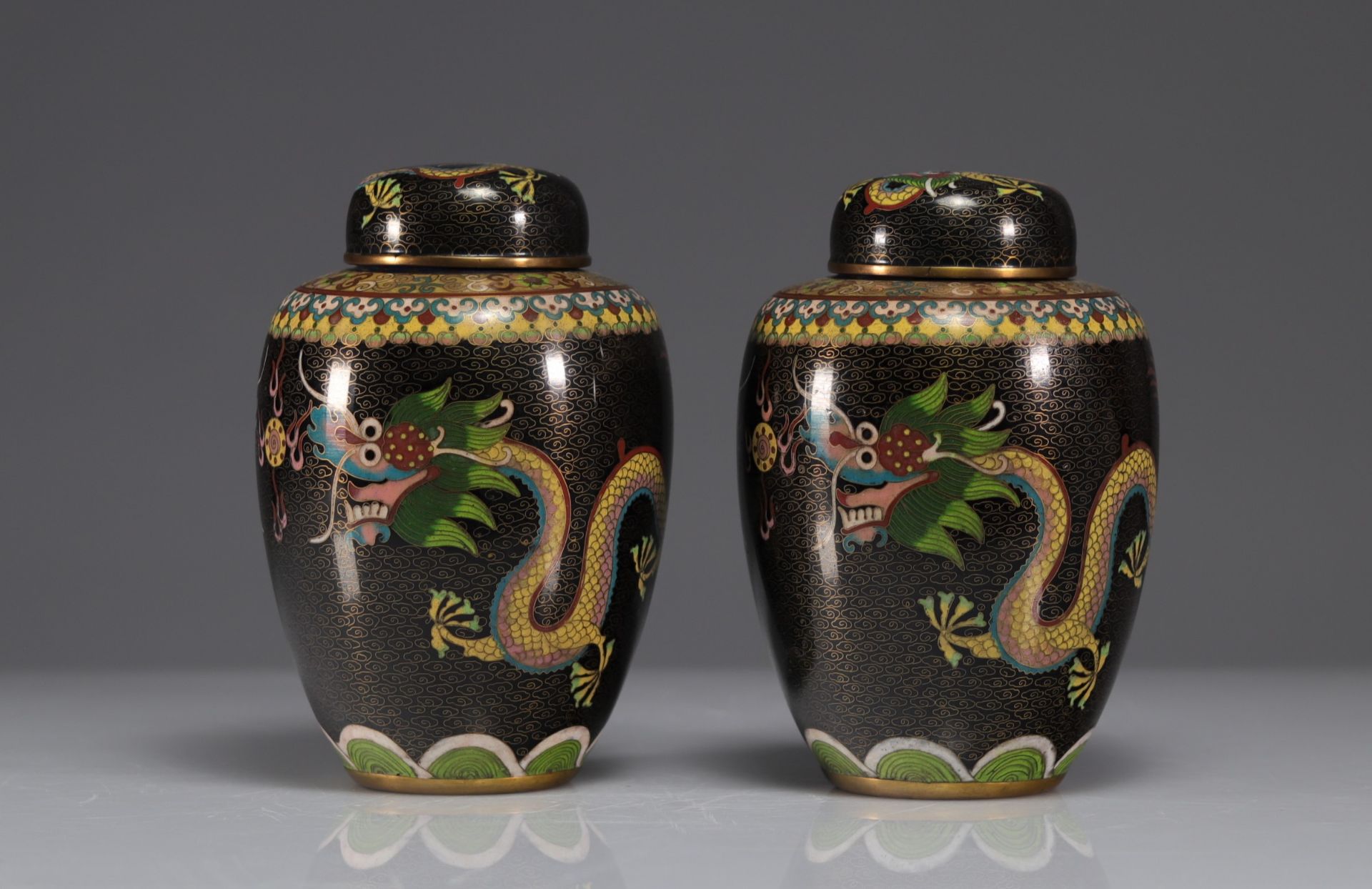 Pair of potiches covered in cloisonne decorated with dragons - Image 3 of 4