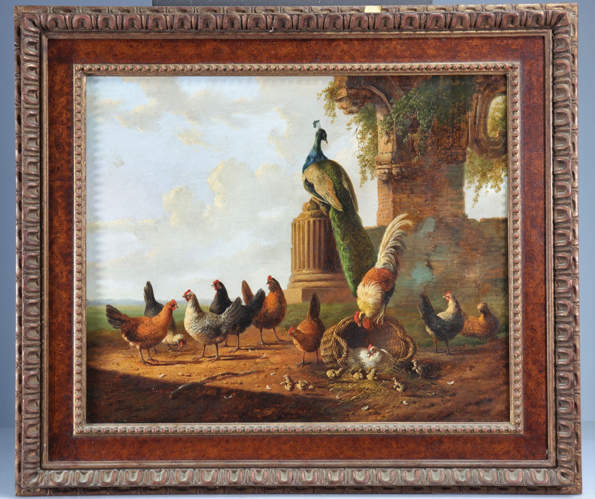 Albertus VERHOESEN (1806-1881) oil on wood "peacock roosters and hens" - Image 2 of 2
