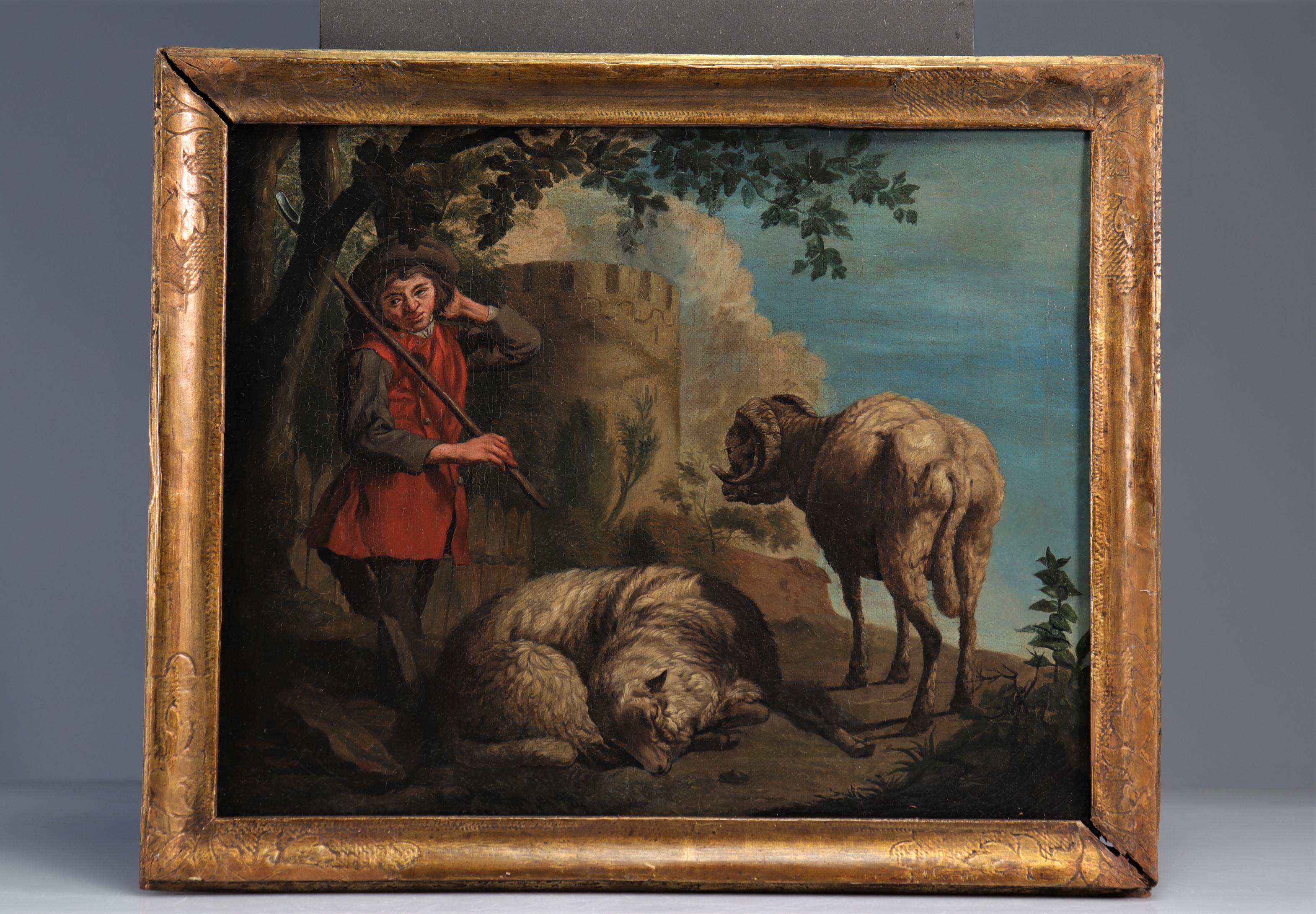 Oil on canvas from the Louis XIV period, "The Shepherd" 17th century frame - Image 2 of 2