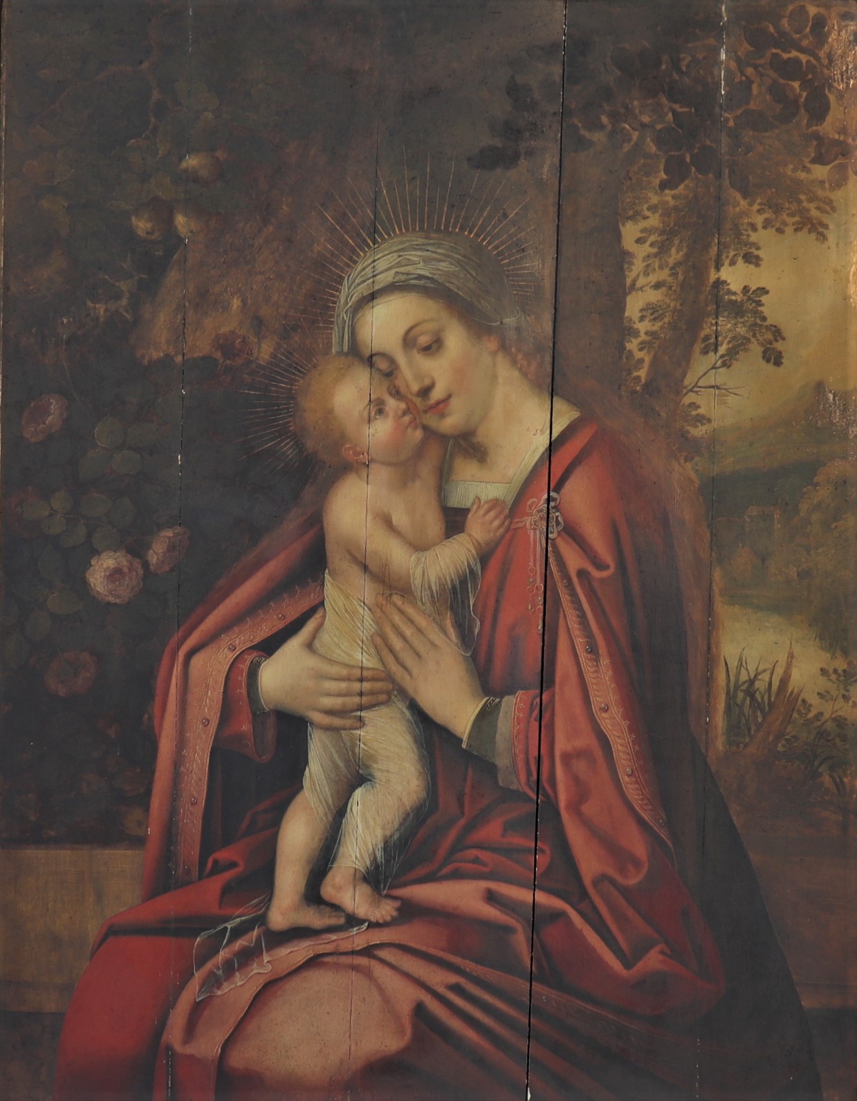 Imposing oil on panel (1m20) "Madonna and Child" late 16th Flemish school.