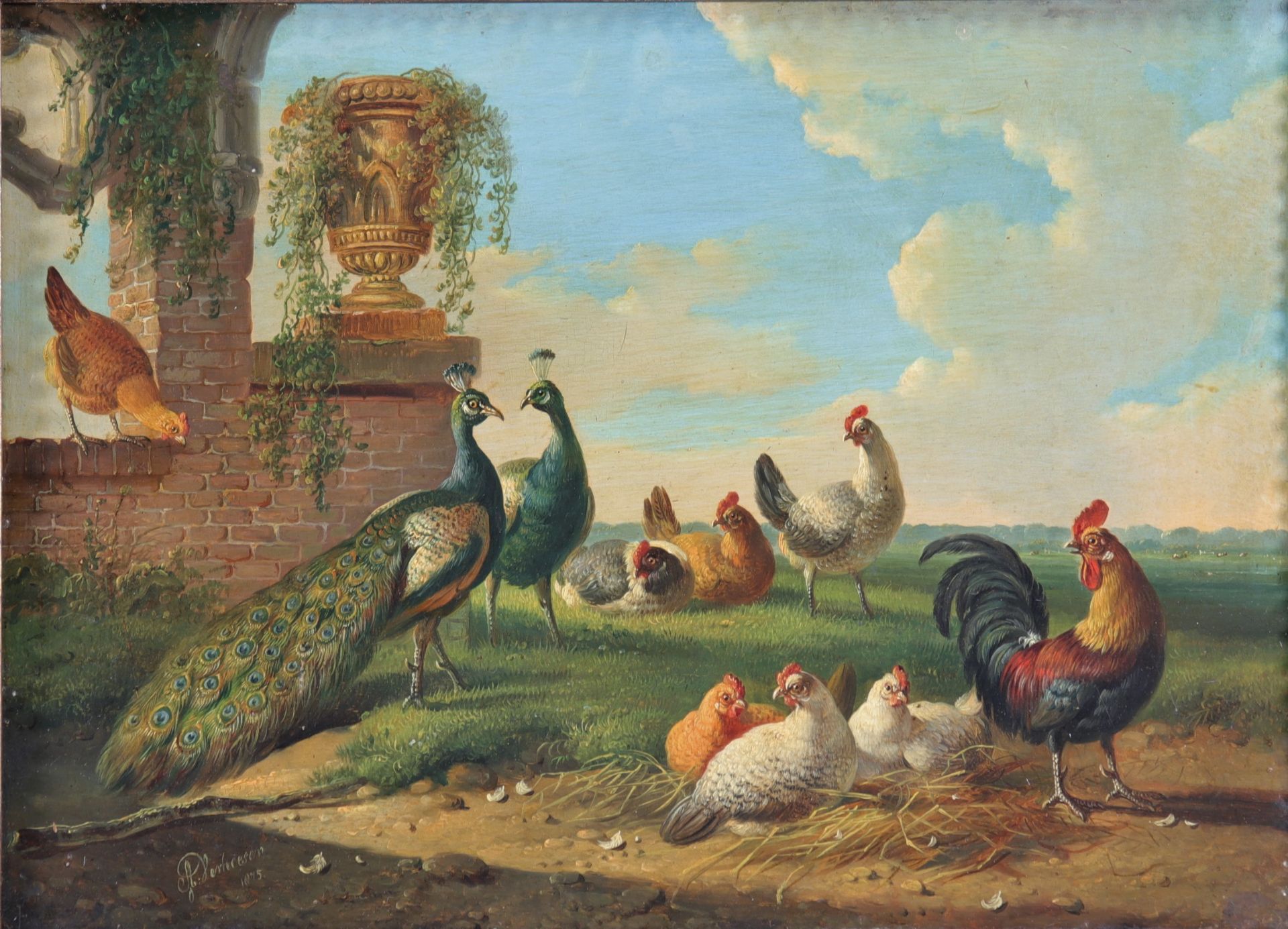 Albertus VERHOESEN (1806-1881) oil on wood "peacock roosters and hens"