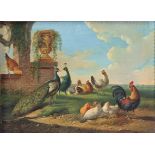 Albertus VERHOESEN (1806-1881) oil on wood "peacock roosters and hens"