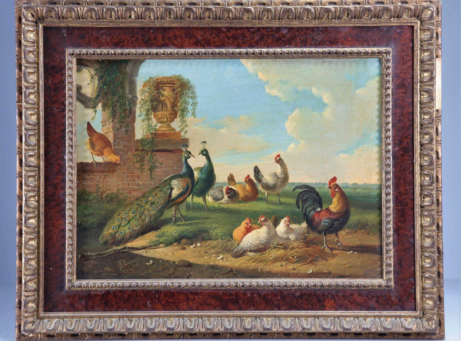 Albertus VERHOESEN (1806-1881) oil on wood "peacock roosters and hens" - Bild 2 aus 2