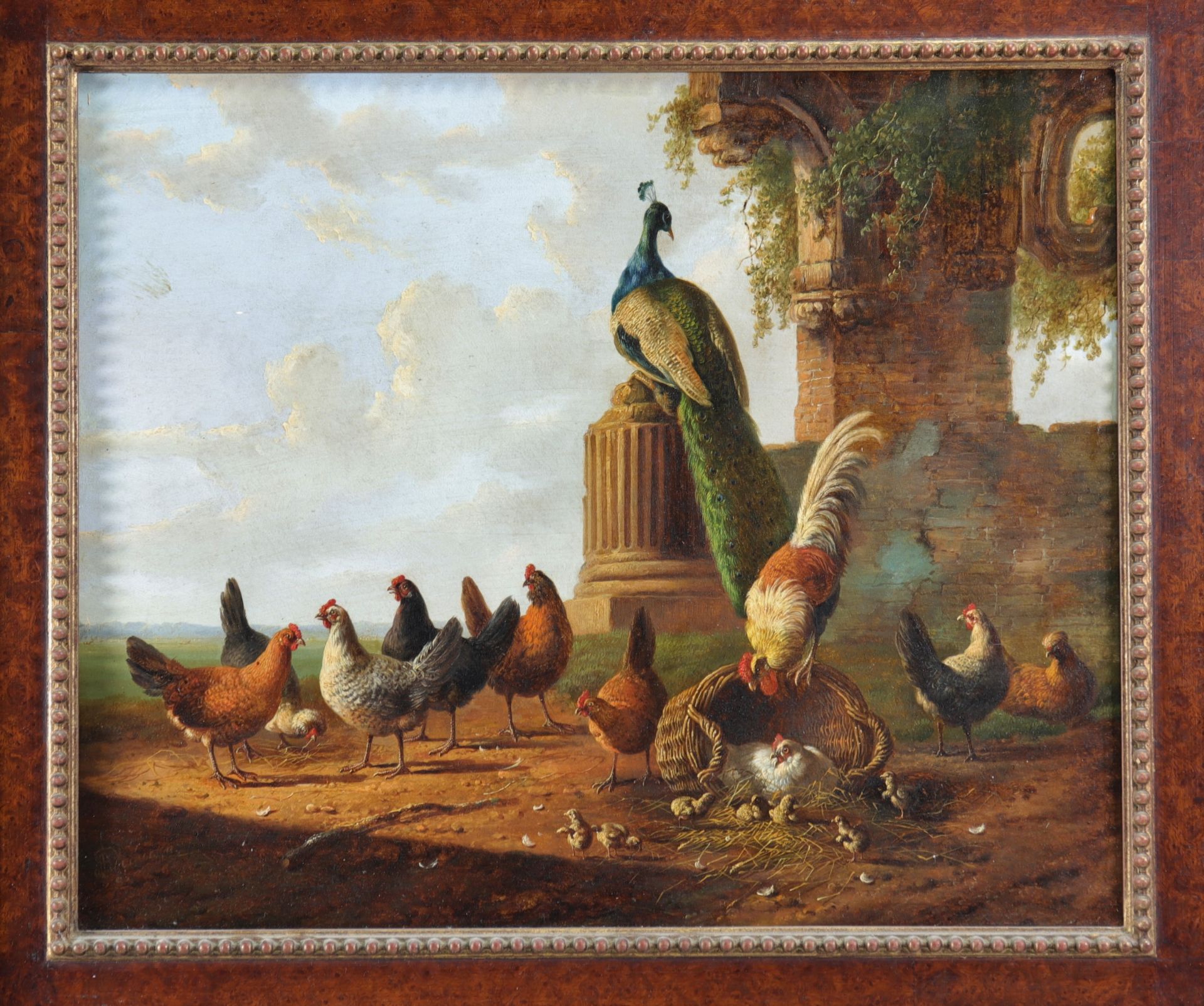 Albertus VERHOESEN (1806-1881) oil on wood "peacock roosters and hens"