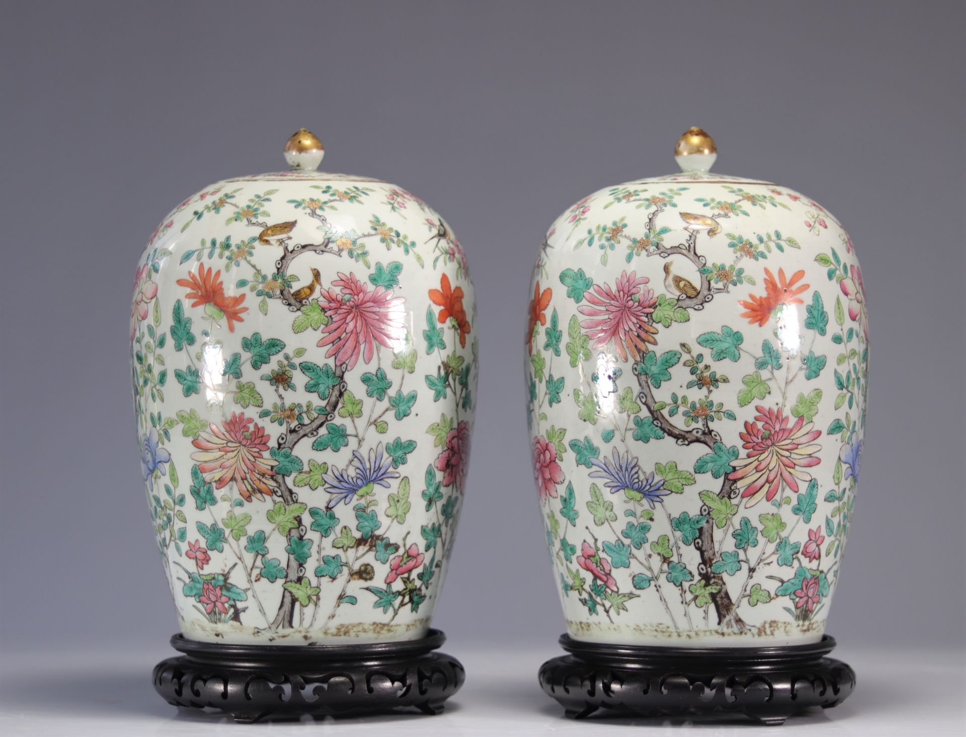 Pair of covered vases in famille rose porcelain with floral and bird decoration