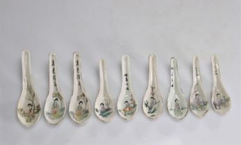 Spoons (9) in Chinese porcelain decorated with a young woman