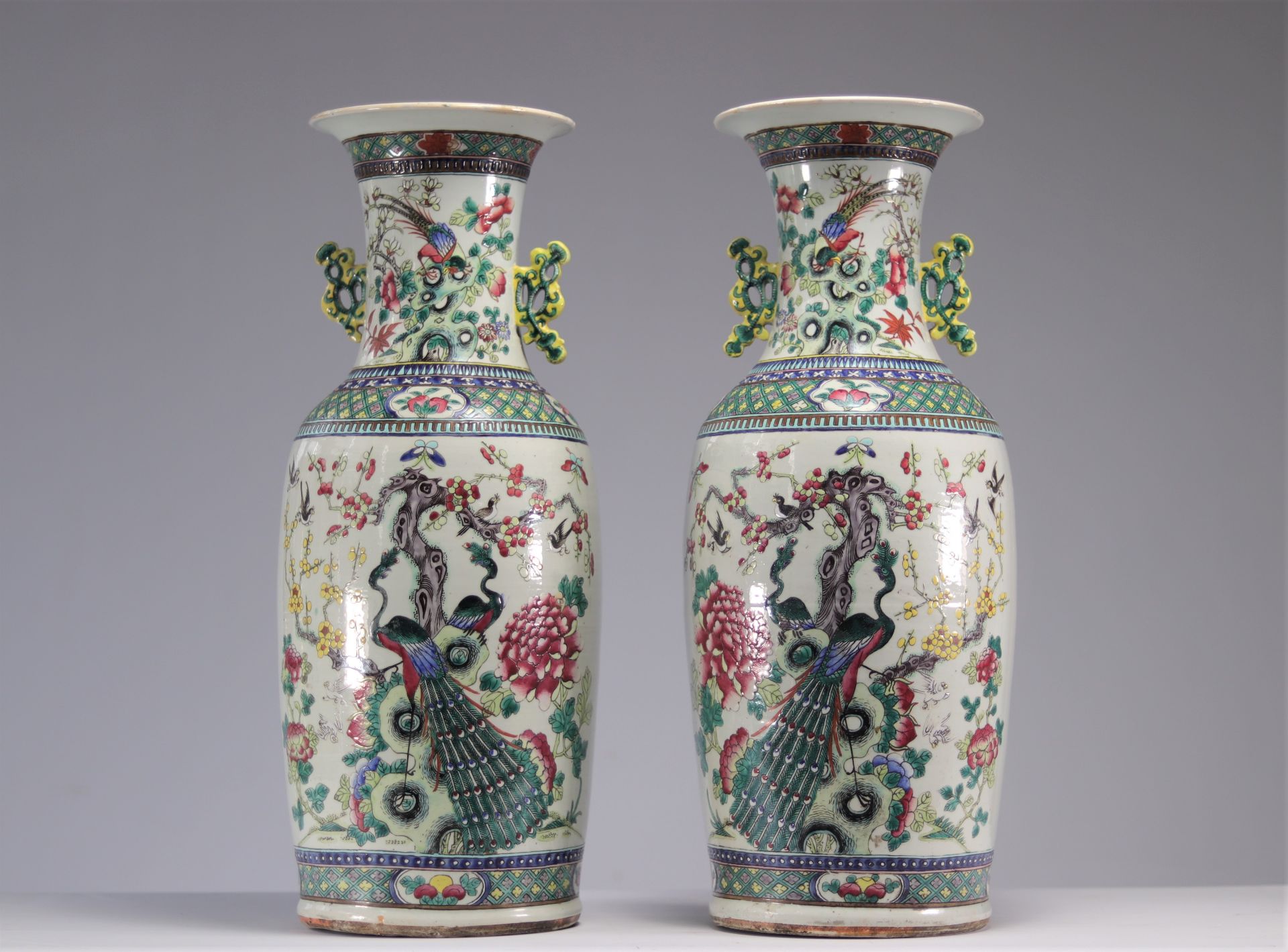 Pair of famille rose vases decorated with peacocks and furniture