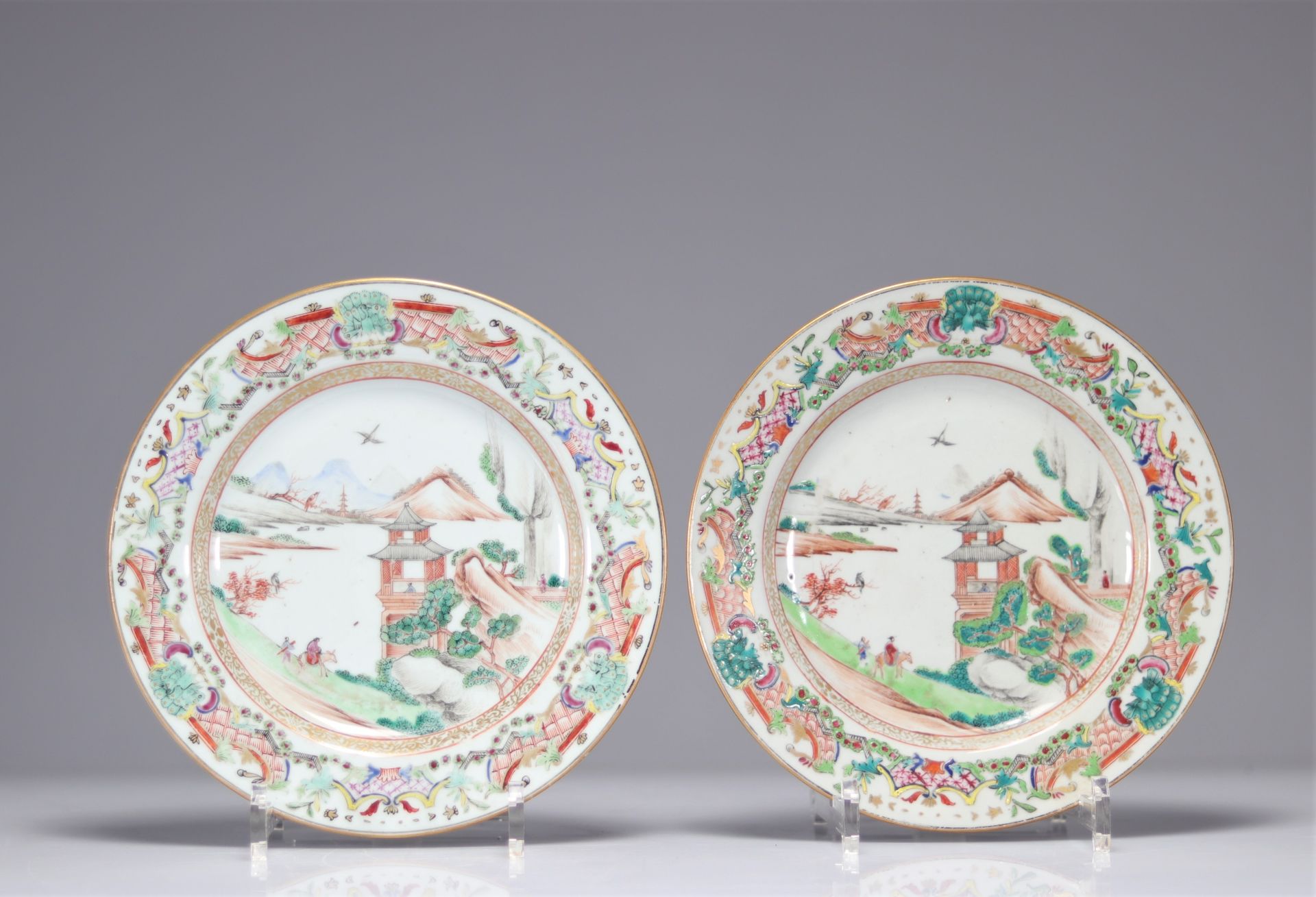 Plates (2) 18th century Chinese porcelain decorated with landscapes