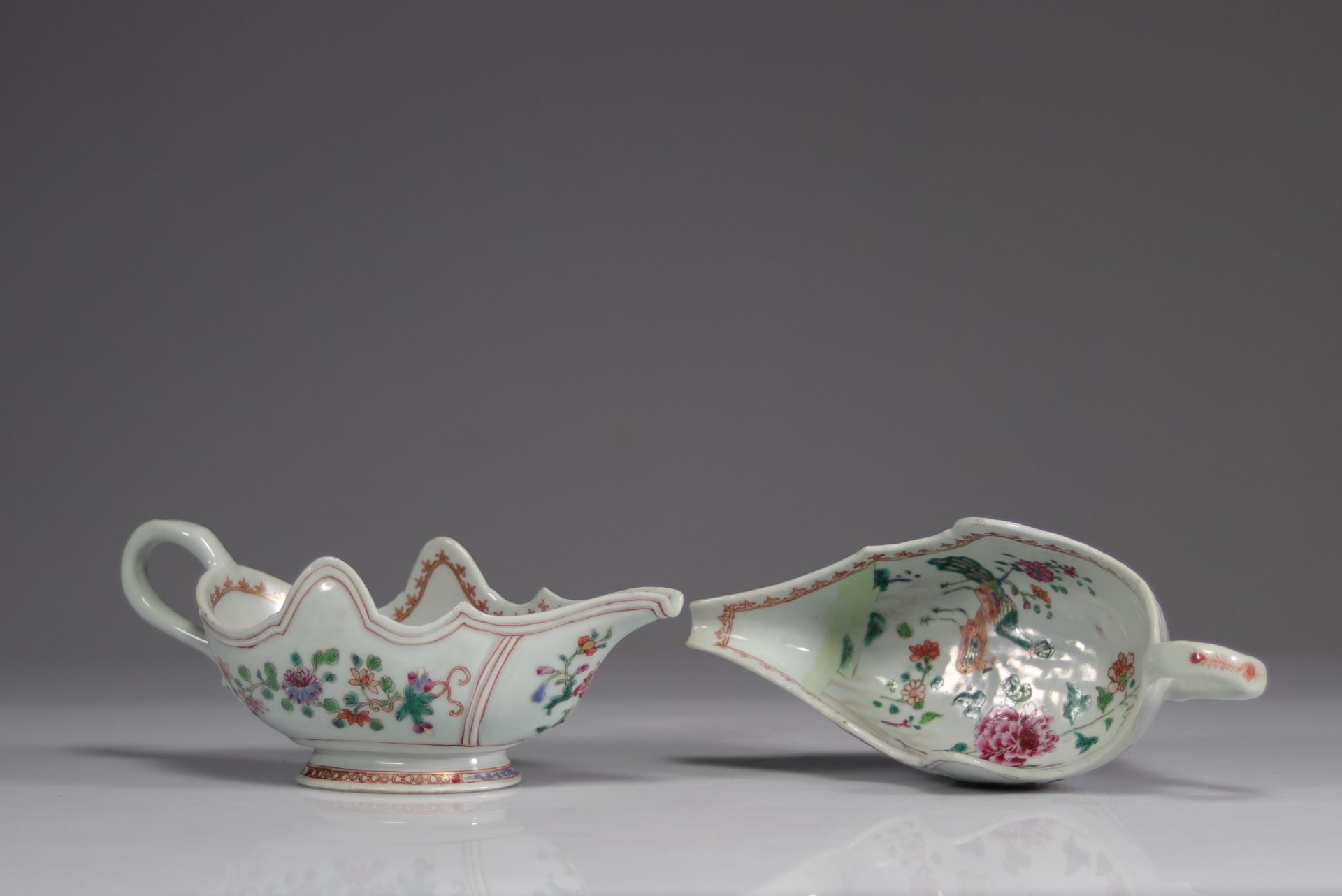 Pair of 18th century famille rose porcelain sauceboats