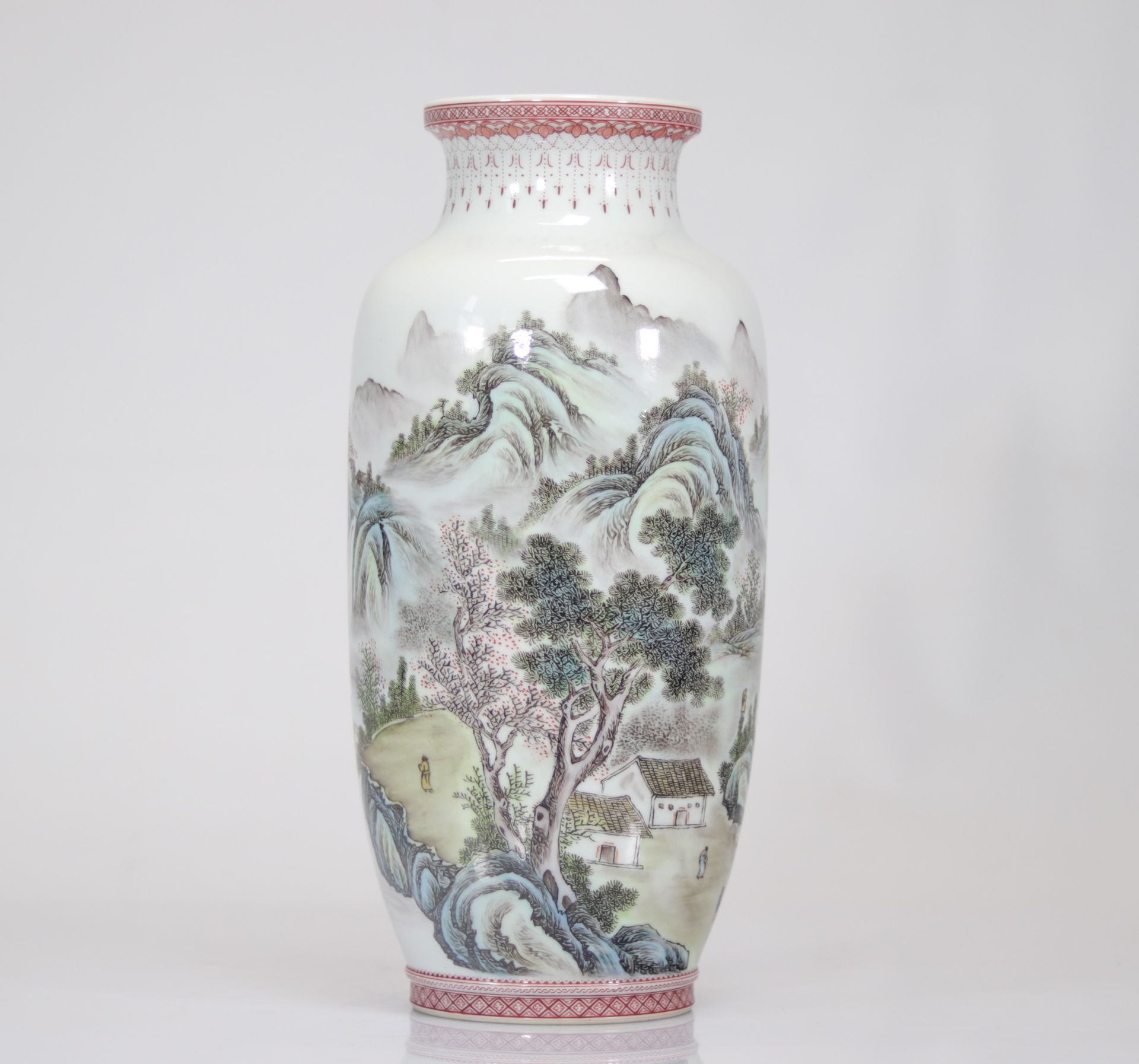 Porcelain vase signed Deng Bihao dated 1971 landscape decor