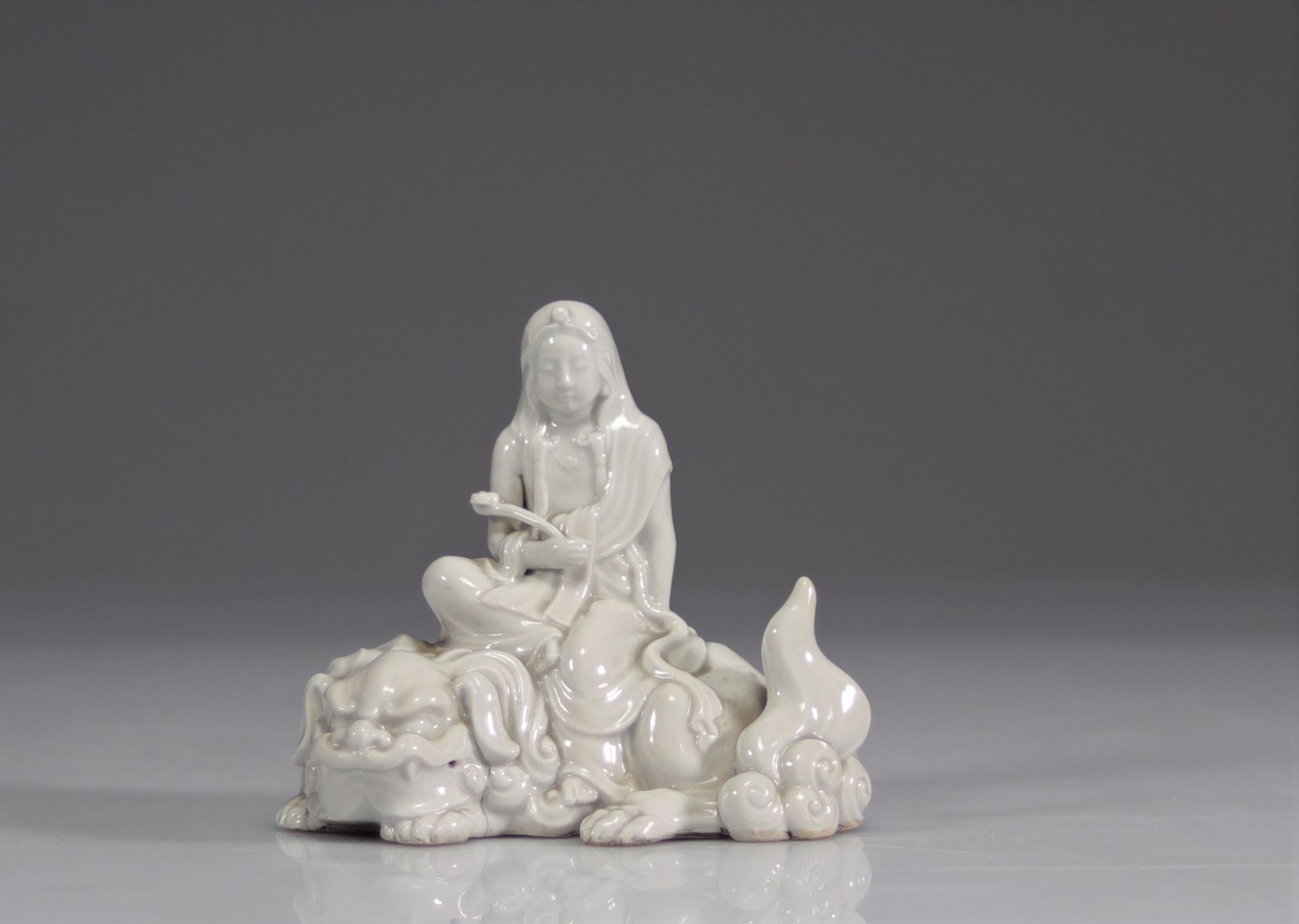 Guanyin on dragon in Blanc de Chine porcelain, China, Qing dynasty