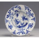 Blue white porcelain plate decorated with Kangxi mark and period warriors