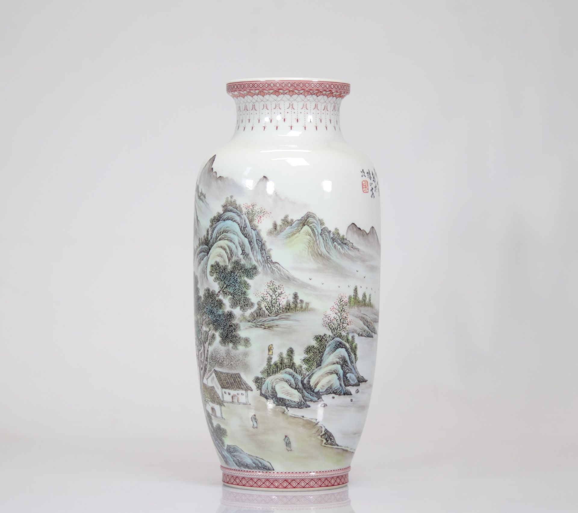 Porcelain vase signed Deng Bihao dated 1971 landscape decor - Image 5 of 5