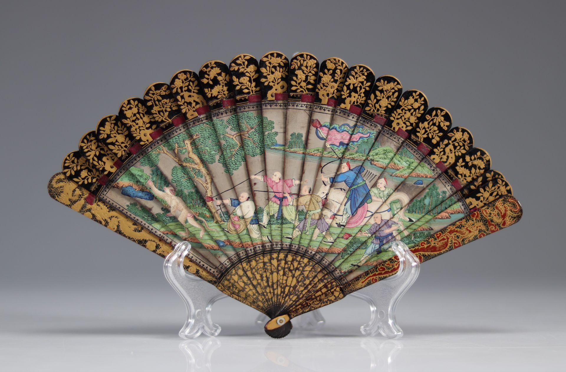 Rare Chinese lacquer fan and painted monkey hunting scenes. - Image 2 of 4