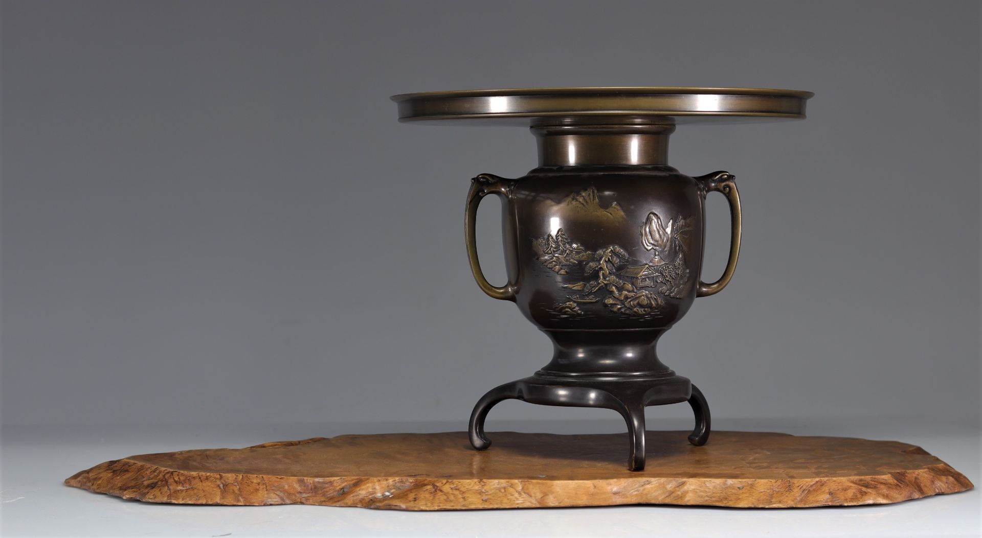 Japanese bronze perfume burner on Meiji signature wooden base