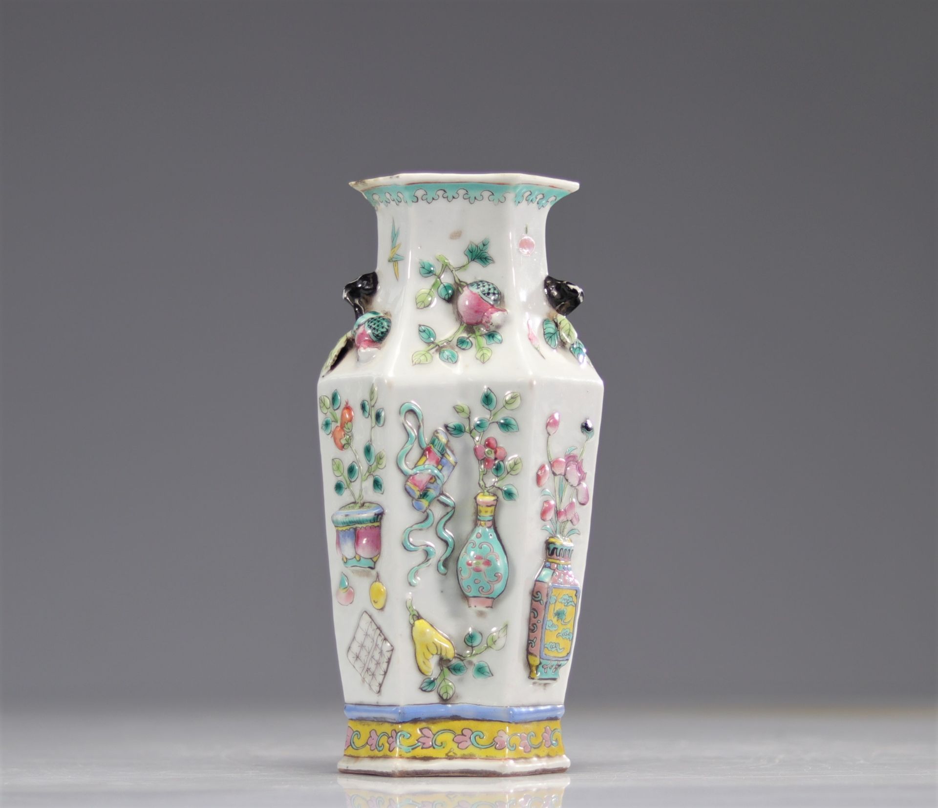Rose family vase with relief decoration. China - Image 4 of 5