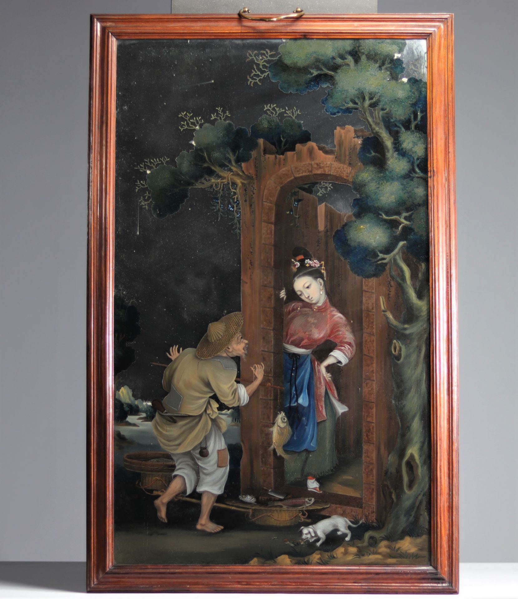 Rare 18th century China under glass painting, young woman and fishmonger. - Image 2 of 5