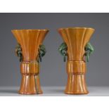 Pair of Gu-shaped Sancai porcelain and enamel vases