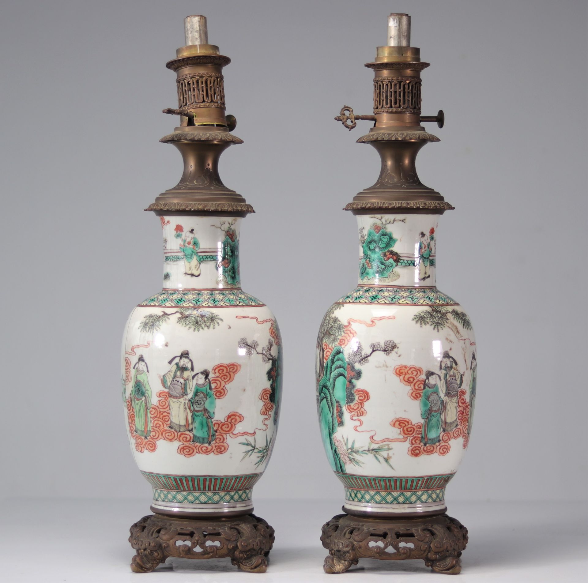 Pair of famille verte porcelain vases decorated with characters