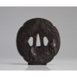 Japan Edo period (1603 - 1868). Nagamarugata steel tsuba embossed with horses and inlaid with gilded