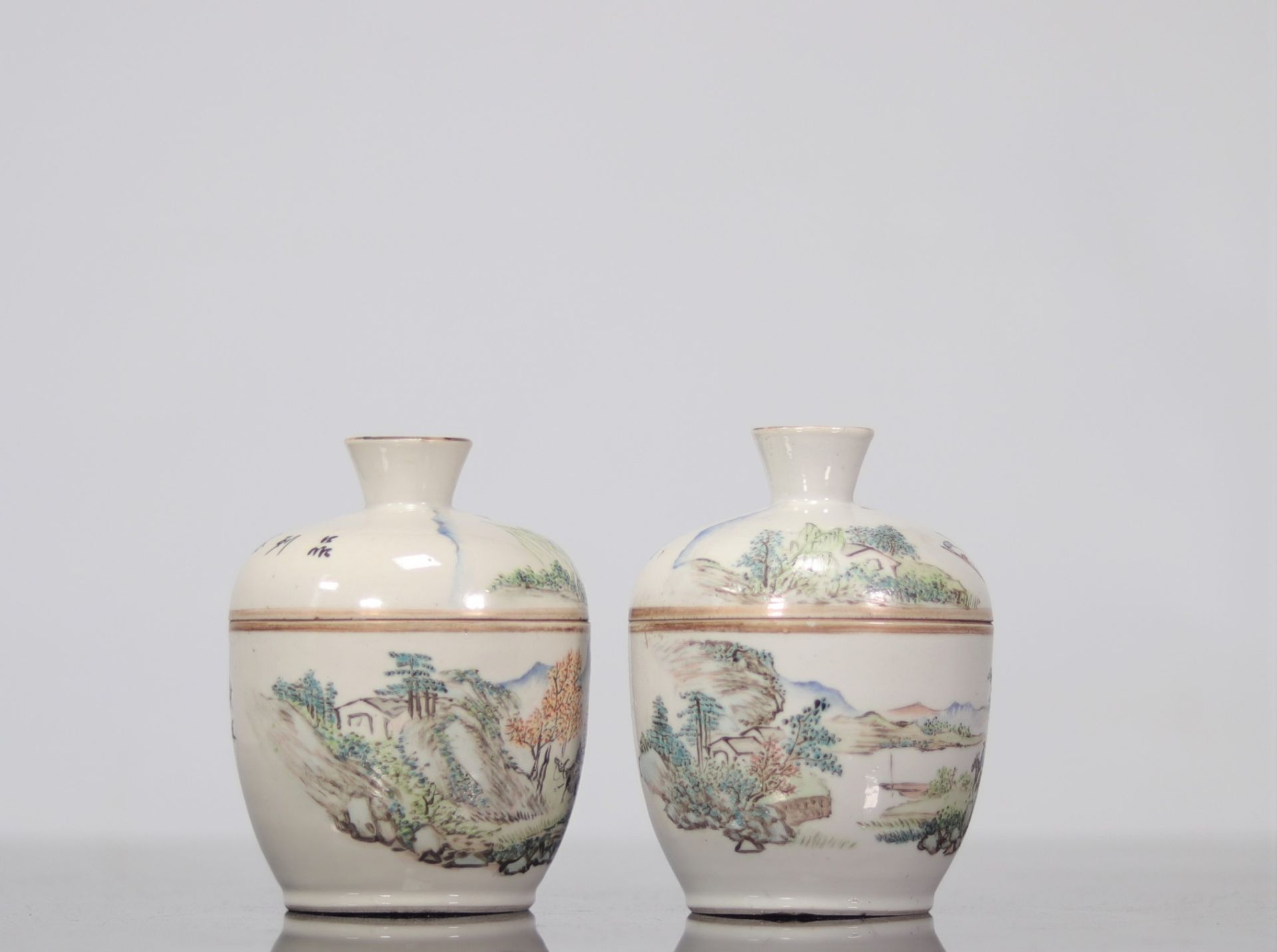 Pair of porcelain covered bowls decorated with landscape - Image 4 of 4