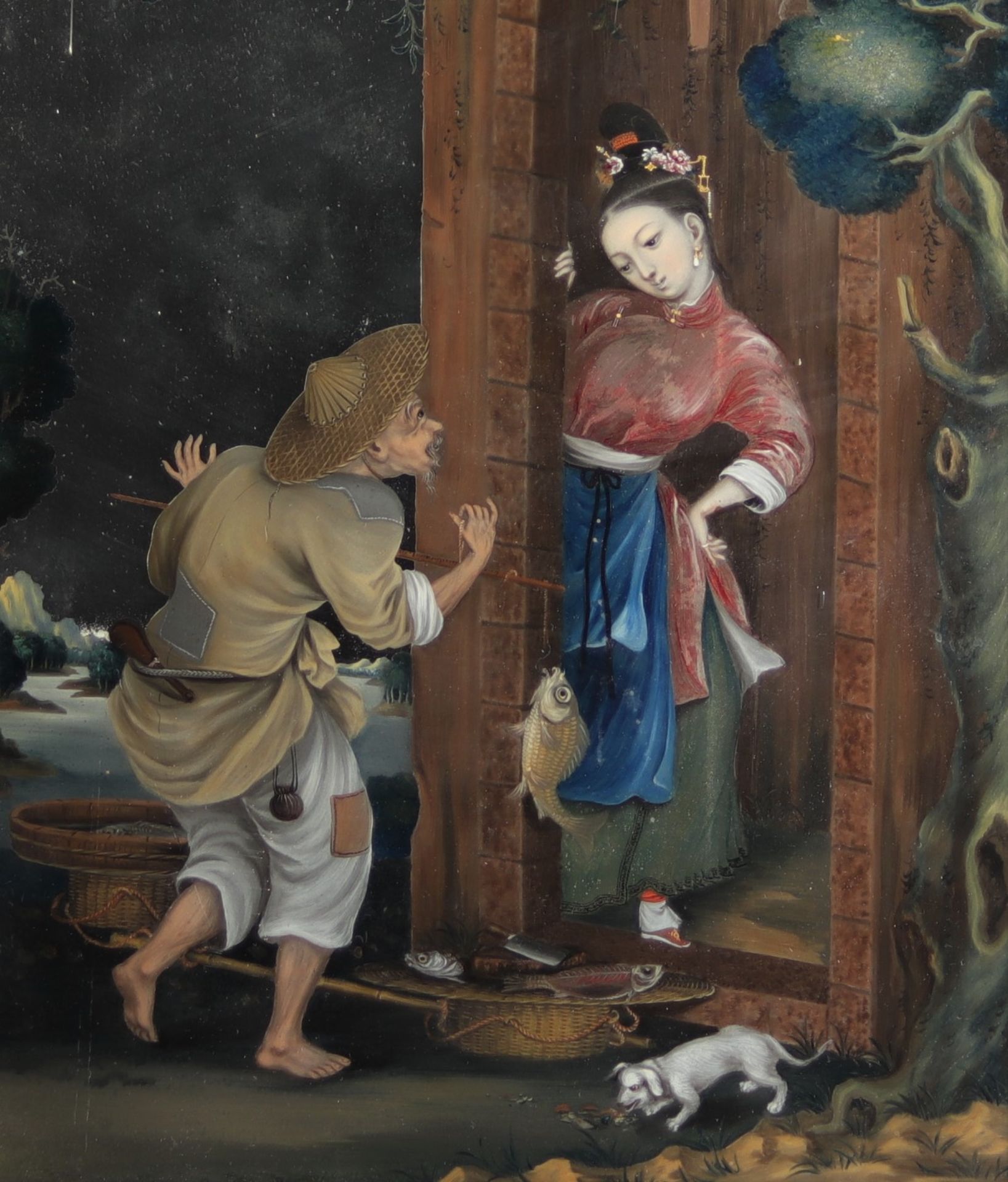 Rare 18th century China under glass painting, young woman and fishmonger. - Image 3 of 5