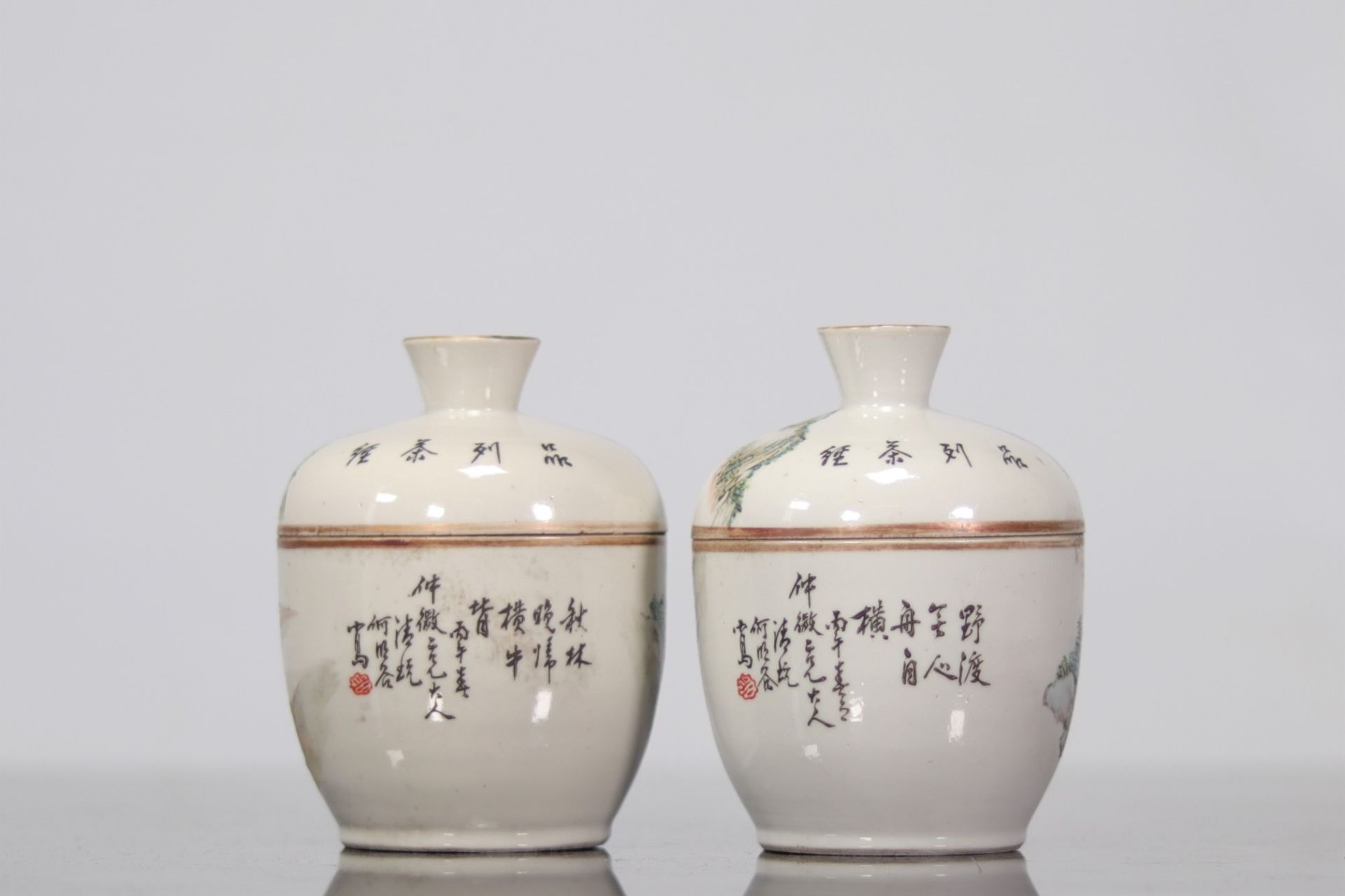 Pair of porcelain covered bowls decorated with landscape - Image 3 of 4