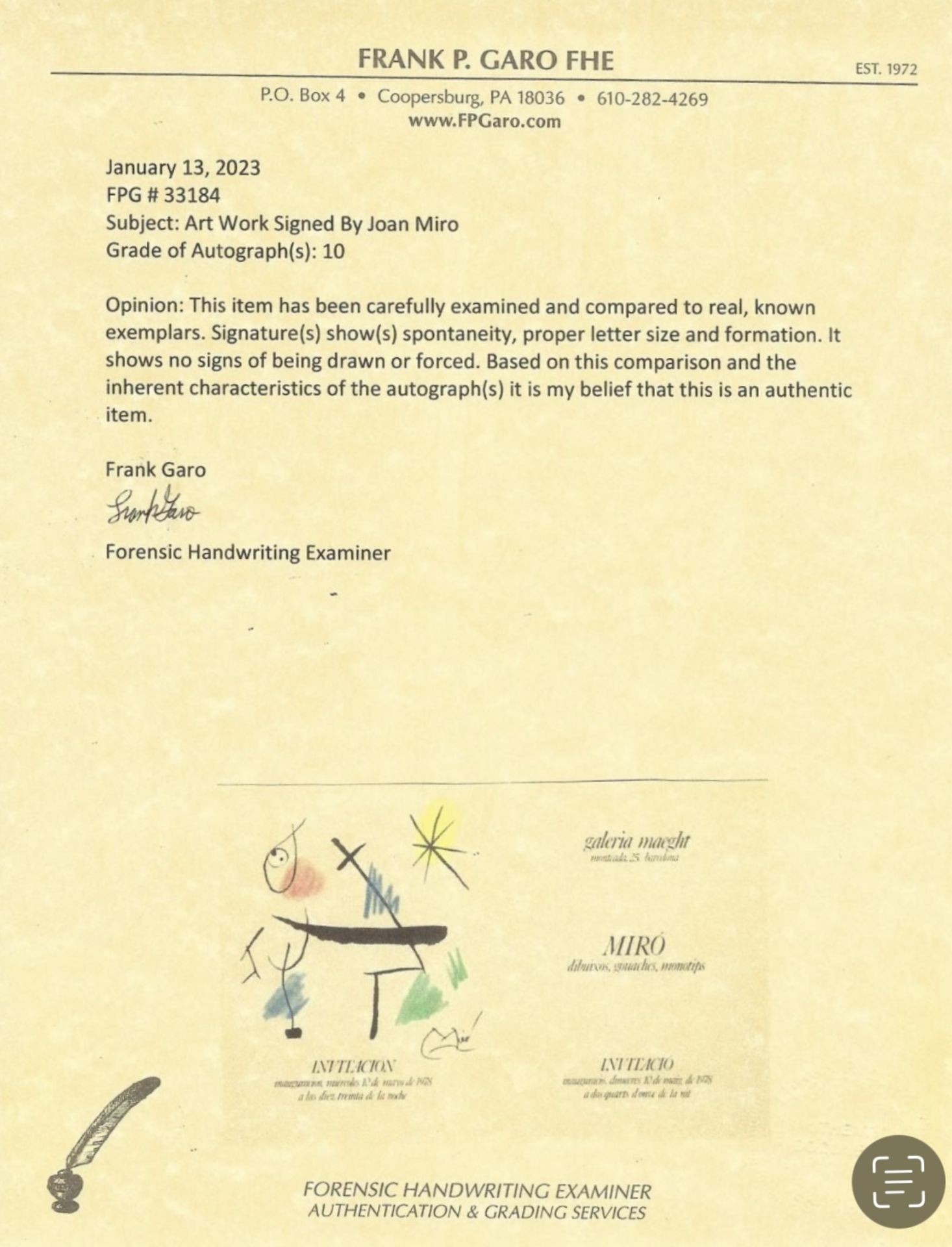 Joan Miro. Drawing in ink and colored pencils on an invitation card from the Maeght Gallery of May 1 - Image 3 of 3