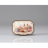 18th century porcelain snuffbox painted with port scene and flowers