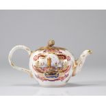 18th century porcelain teapot with Dutch port decor, brand R in blue under the piece