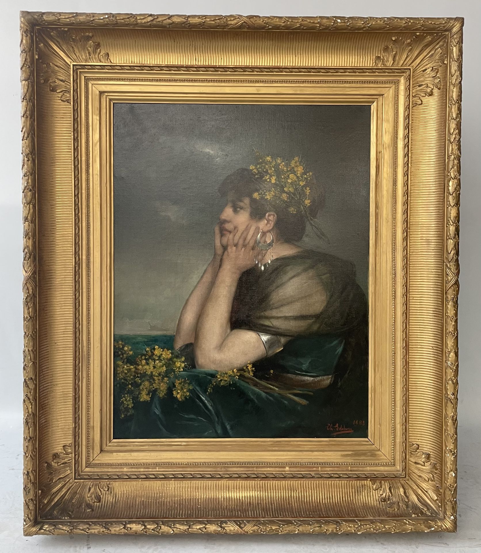 Imposing oil on canvas "the gypsy with flowers" signed dated 1883