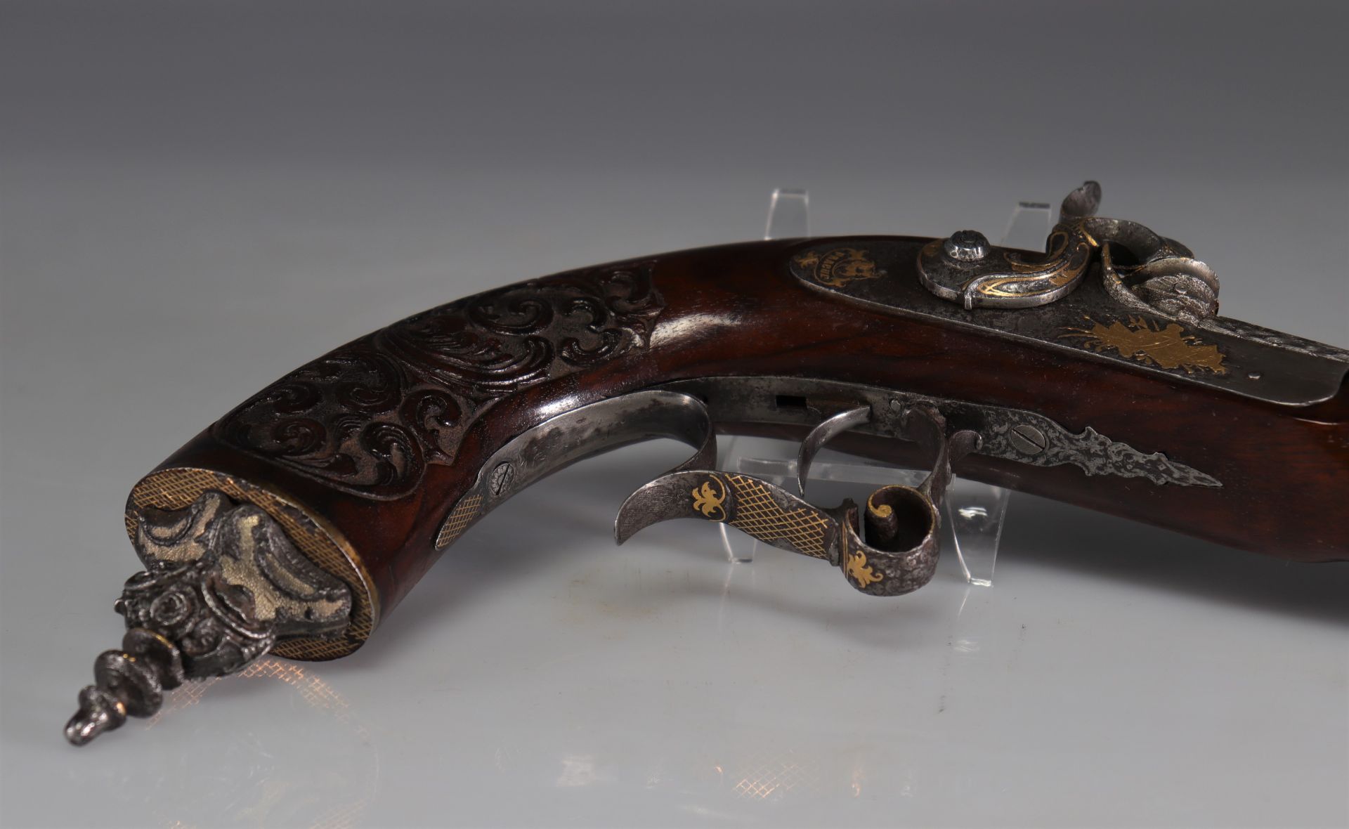 Sumptuous Prague pistol "Anton Vinzenz Lebeda" octagonal damascus barrel with gold inlay and signatu - Bild 3 aus 7