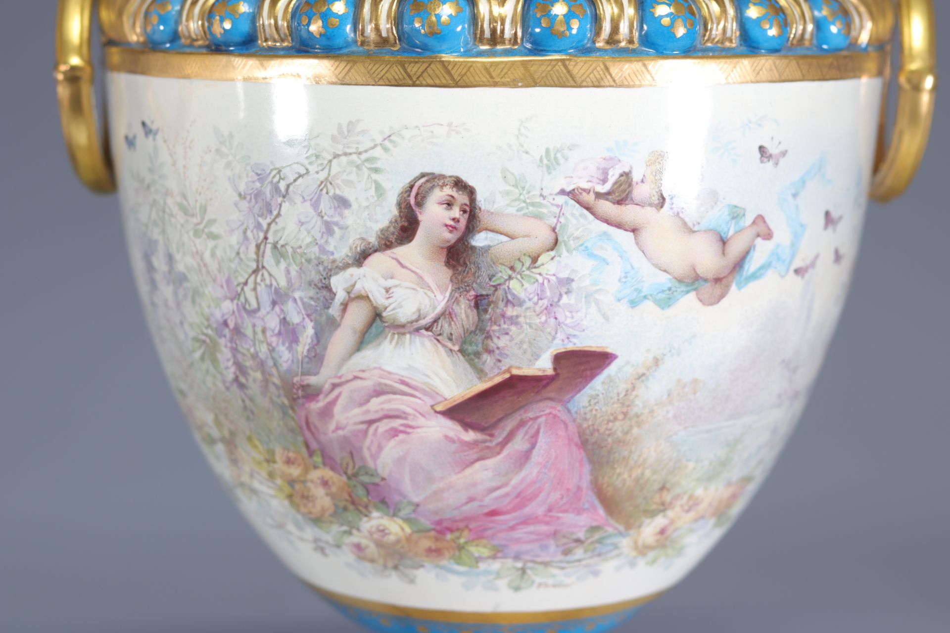 Sevres imposing pair of vases decorated with romantic scenes and cupids in gilded bronze - Image 7 of 8