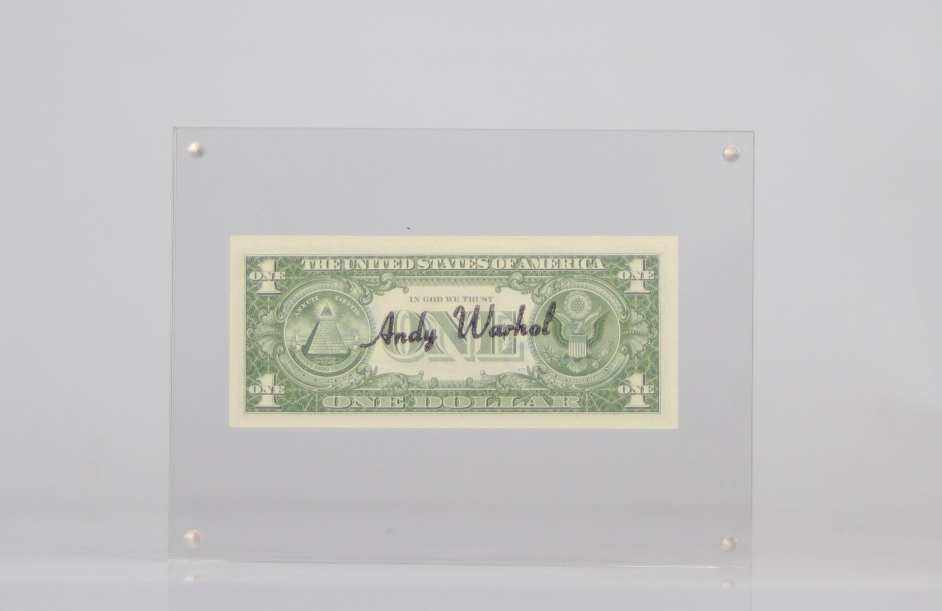 Andy Warhol. 1 dollar bill embellished with the signature of "Andy Warhol" in felt pen. - Image 3 of 3