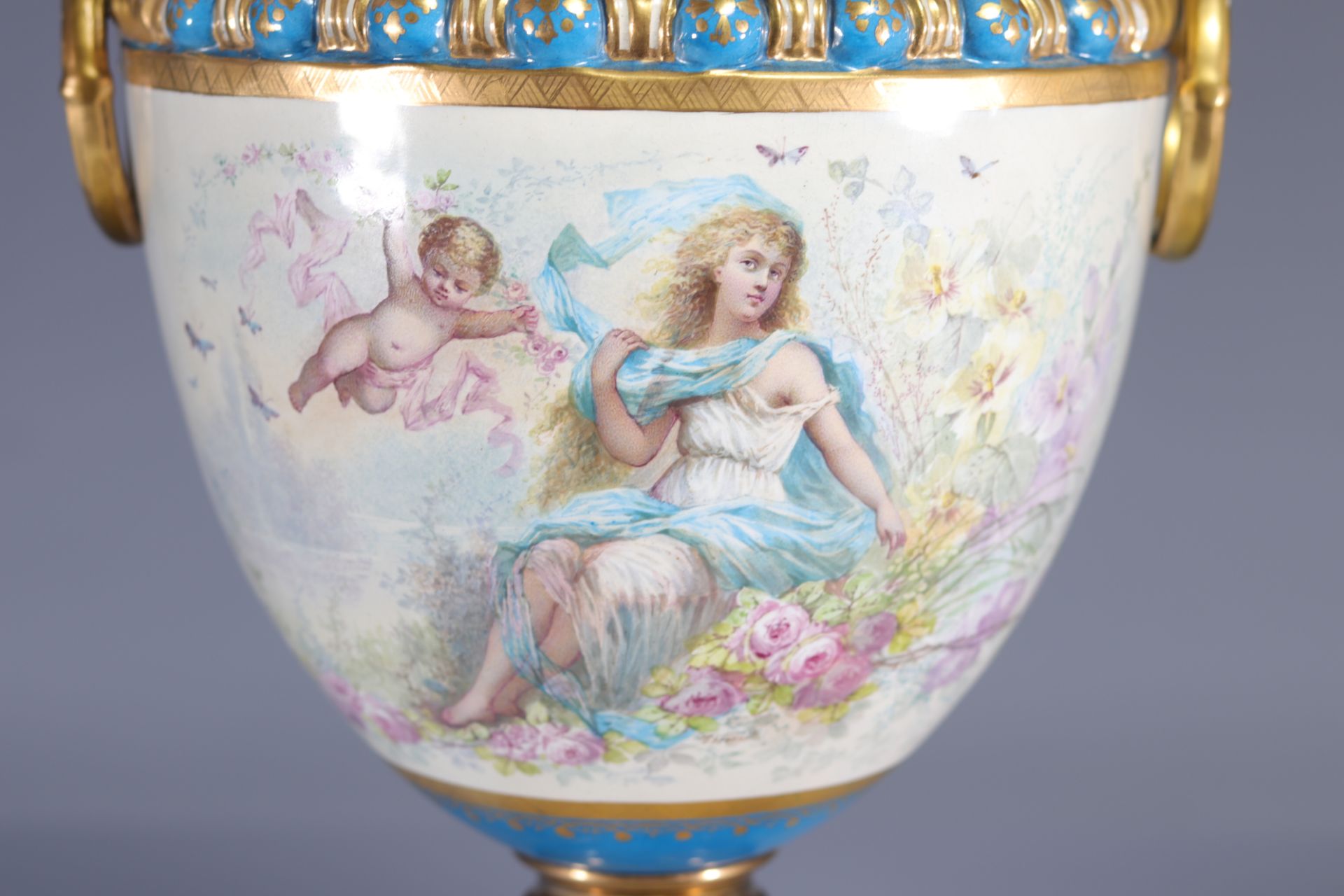 Sevres imposing pair of vases decorated with romantic scenes and cupids in gilded bronze - Image 8 of 8