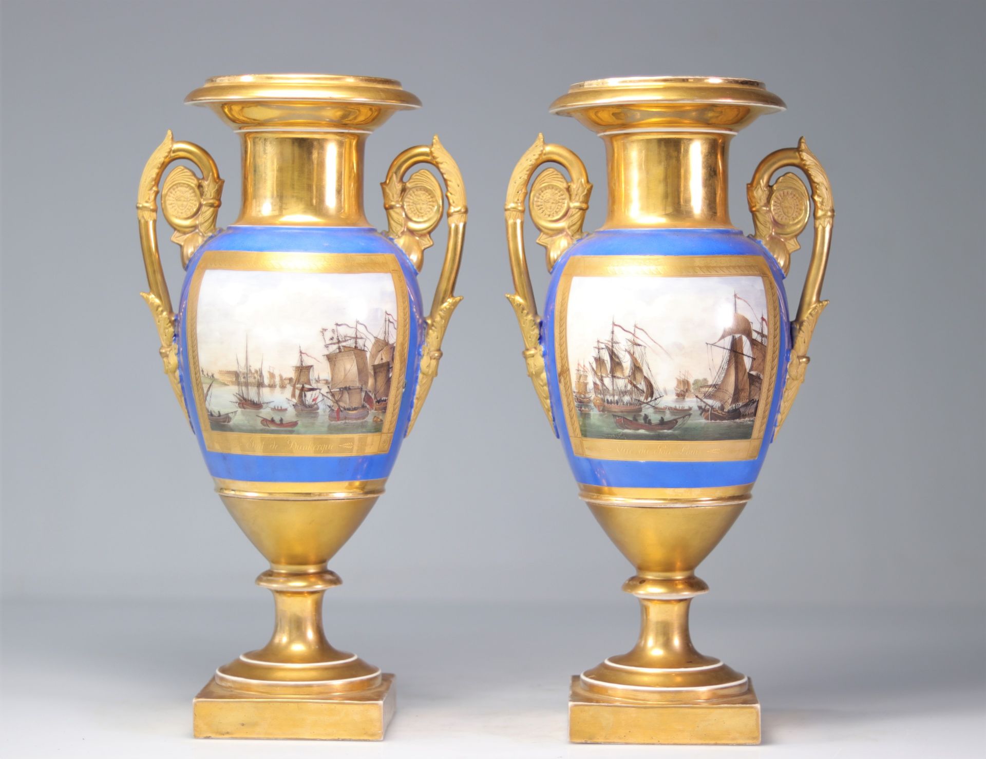 Pair of Empire period vases with port scenes "Port Louis and Dunkirk"