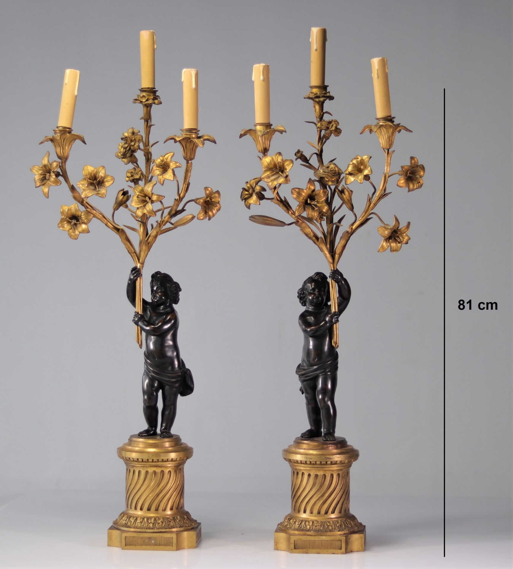 Imposing pair of bronze candelabras with two Louis XVI patinas