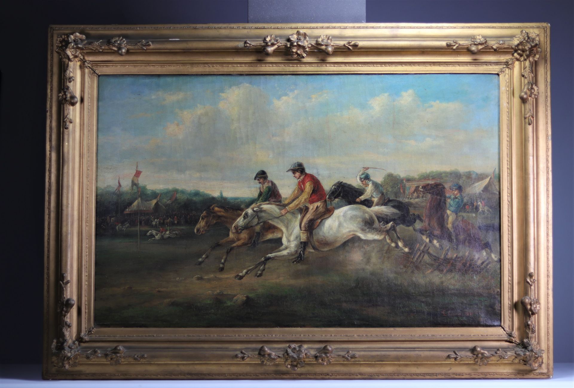 Large oil on canvas "the horse race" - Image 2 of 2