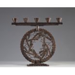 Large Art Deco wrought iron candlestick with pine cones decor