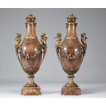 Pair of marble vases decorated with gilt bronze musical fauns