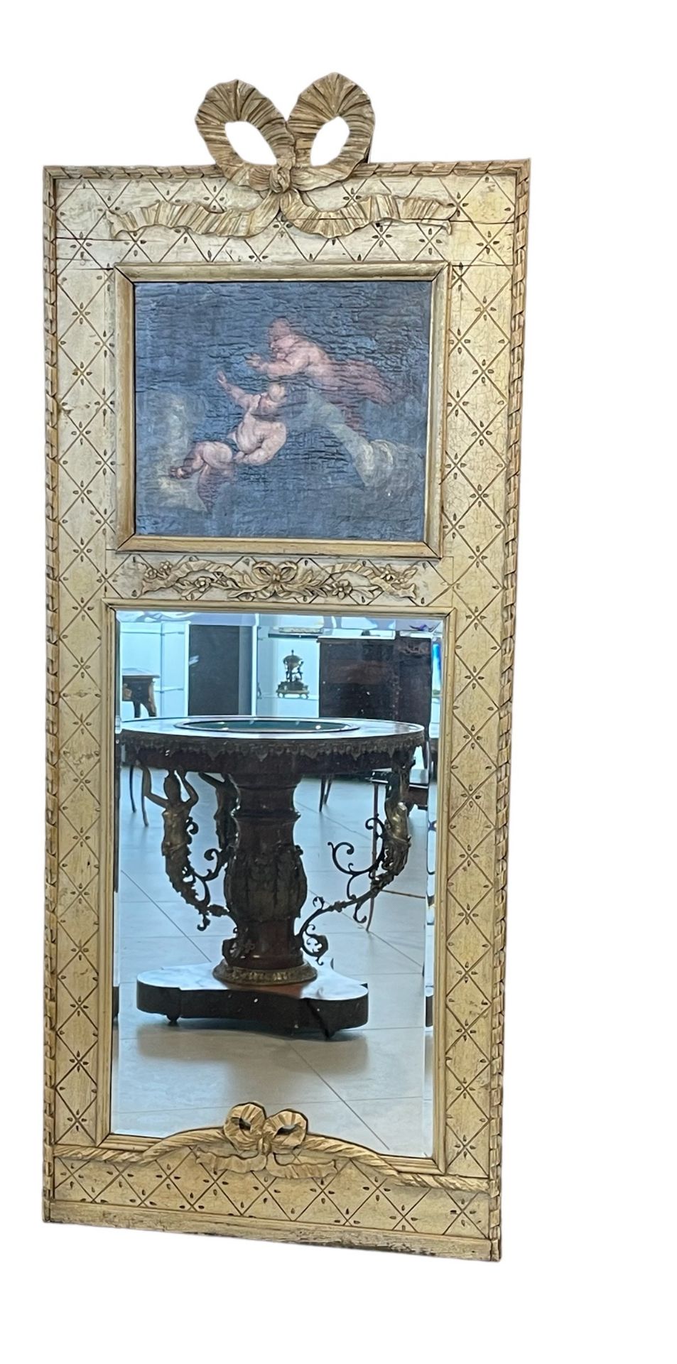 Louis XVI trumeau mirror decorated with a painting of angels