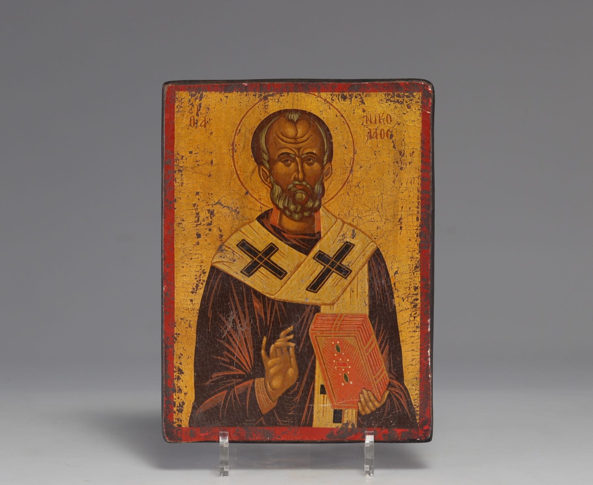 Greek icon "Saint Nicolas" canvas glued on wood 19th century