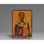 Greek icon "Saint Nicolas" canvas glued on wood 19th century