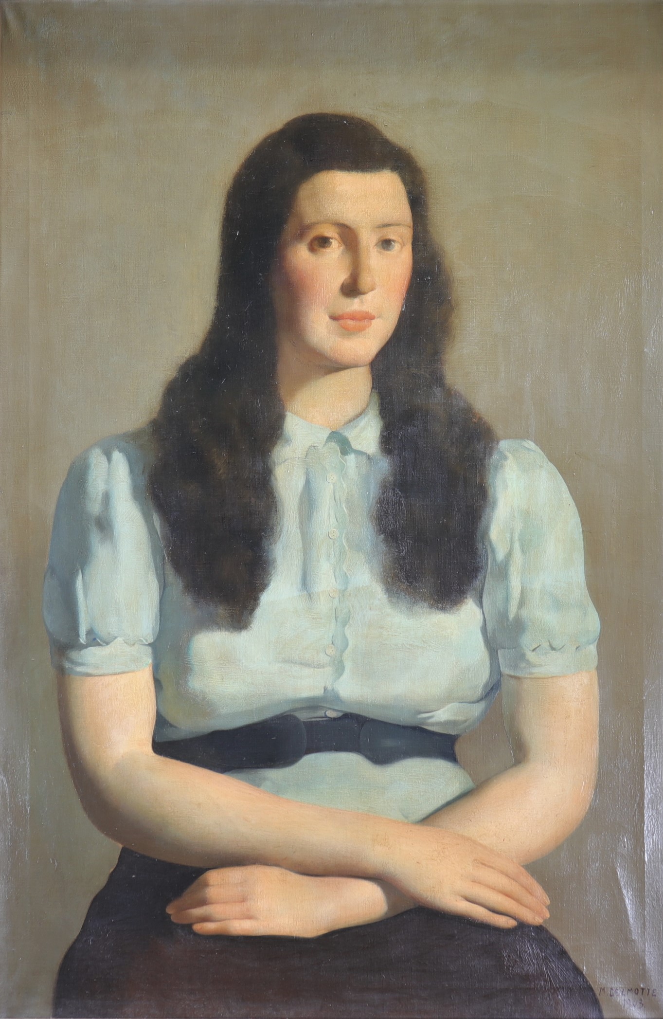 Marcel DELMOTTE (1901-1984) large oil on canvas "portrait of a young woman" 1943