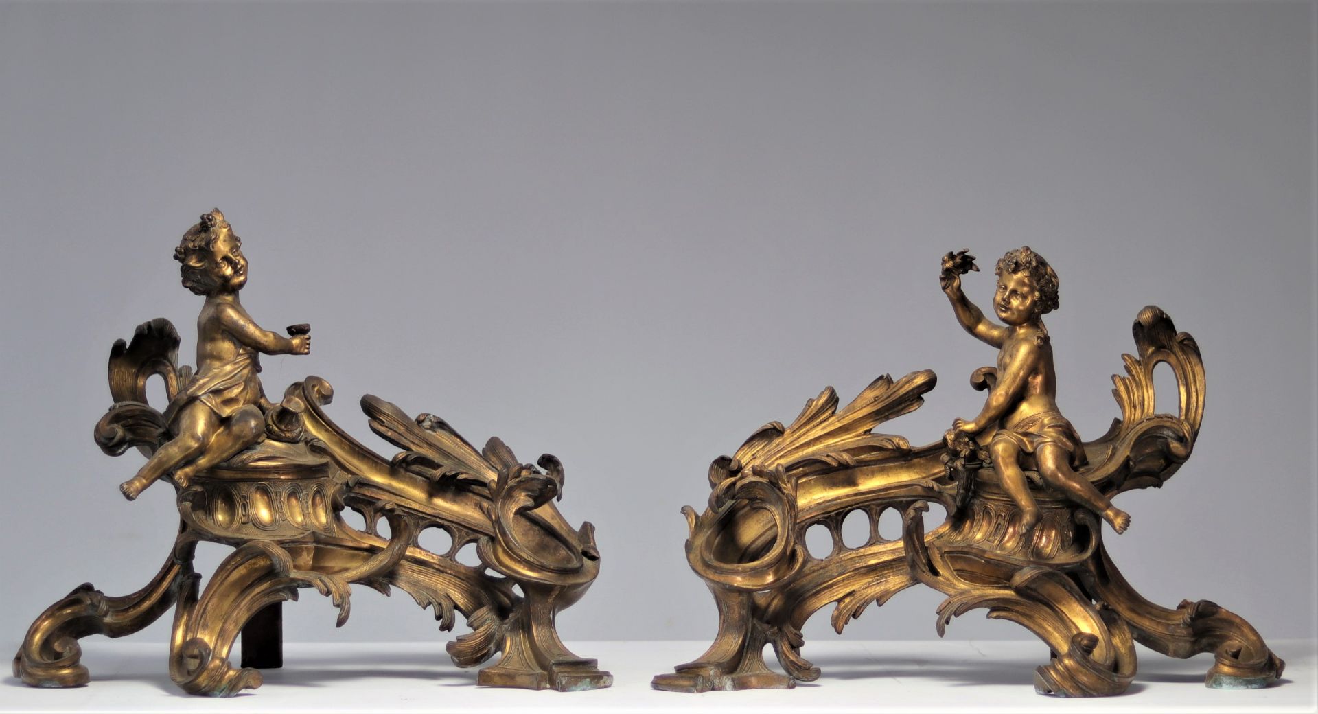 Imposing pair of Louis XV gilt bronze andirons