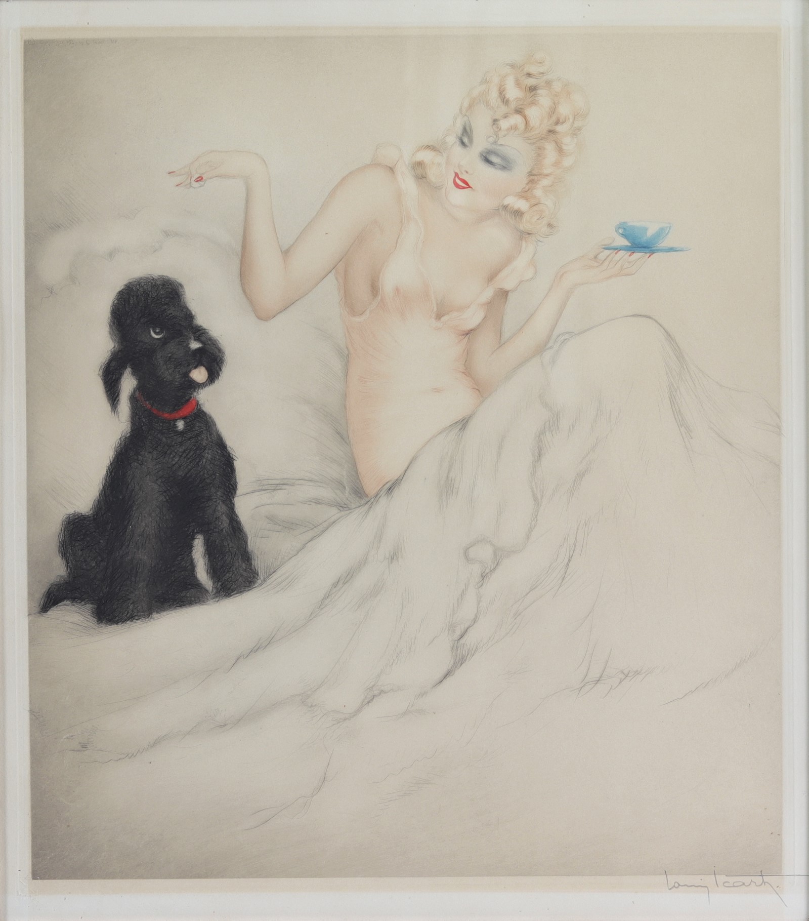 Louis ICART (1888-1950) Etching and aquatint in color "young with a poodle"